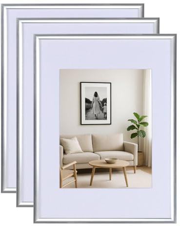 KM FOTO 3er 5er Set New Lifestyle Kunststoff Bilderrahmen mit Passepartout & Kunststoffglas Hoch- & Querform: Farbe: 3er Pack Silber | Format: 30x40