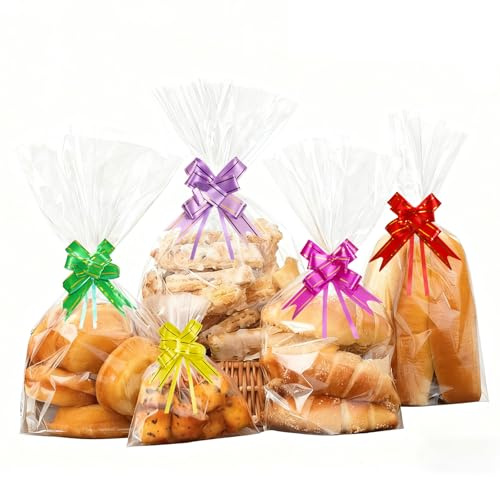 Biodegradable Clear Cellophane Gift Bags | Food clear cellophane, 50pcs 8x12 inch flat bags with bows, fits cookies/mugs/party favors.