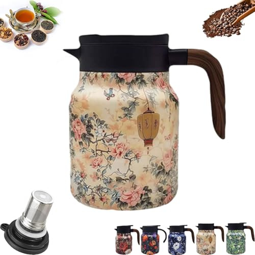 35oz Vintage Floral Teapot with Built in Infuser Stainless Steel V-Shaped Spout Thermal Carafe One-Touch Dispenser for Tea & Coffee (Plum * Wood,1000ml)