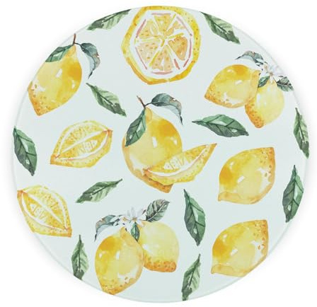 Lemons Round Glass Worktop Saver - Yellow Citrus Fruits Kitchen Gifts - Textured Chopping Board/Protector Non-Slip Feet 30cm x 30cm (12 x 12)
