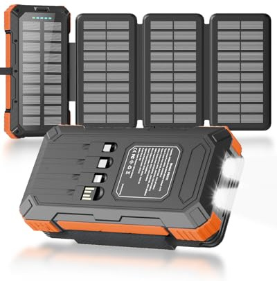 Kepswin Solar Charger Power Bank 49800mAh with 4 Built-in Cables & 4 Foldable Panels, PD22.5W Fast Portable Phone Charger, External Battery Pack with USB-C in/Output & Flashlight for Outdoor Camping