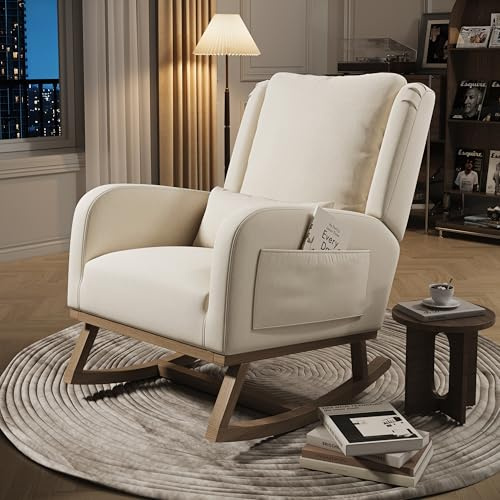 BIYFSDS Stillstuhl mit Kissen, SchauKelstuhl mit Taschen, Schaukelstuhl für den Innen- und Außenbereich, Stillstuhl, Babyzimmer, Schaukelstuhl, Schlafzimmer, Balkon (Beige, 94 x 70 x 96 cm)