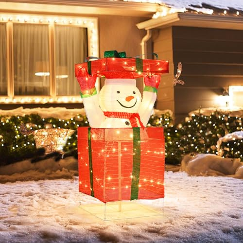 GYMAX 115 cm Geschenkbox mit Schneemann, beleuchtete Weihnachtsdekoration mit 100 warmweißen LED-Lichtern, Schneemänner Deko Figuren für Innen- und Außenbereich, Wohnzimmer, Garten, Rasen