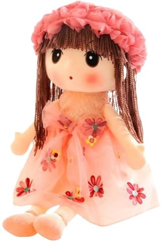 Stoffpuppen für Mädchen, Stoffpuppe für Mädchen, niedlich und realistisch, 45, 7 cm große Plüschpuppe mit Blumenkleid, Hut, Schuhen und langen Haaren, mit Baumwolle gefüllt, kuschelig weich, Baby-Mädc