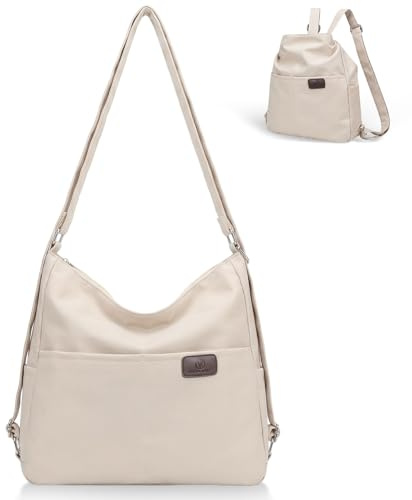 Prizmxed Rucksack Tasche 2 in 1 Damen, Wasserdichte Nylon-Schultertasche, kann als Rucksack oder Umhängetasche verwendet werden, geeignet für Pendeln, Schule, Reisen und Einkaufen. (Beige)