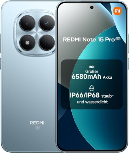 XIAOMI Redmi Note 15 Pro 5G Smartphone 8+256 GB – 6580-mAh-Akku, IP66/IP68 Staub- und Wasserschutz, Neue 200-MP-Kamera, 6,83 AMOLED-Display, Gletscherblau