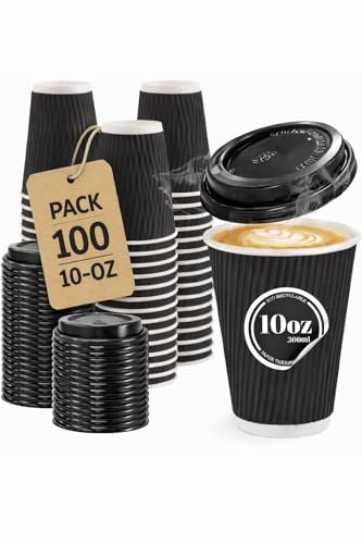 100 x 10oz (300ml) Black Ripple Paper Cups with Lids – Triple Wall Insulated Disposable Coffee Cups – Kraft Takeaway Hot Drink Cups for Tea, Cappuccino, Latte – Leakproof 10 oz Cup Set