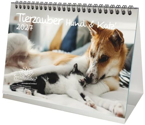 Tierzauber Hund und Katz DIN A5 Tischkalender für 2027 Freundschaften Hund Katze - Seelenzauber