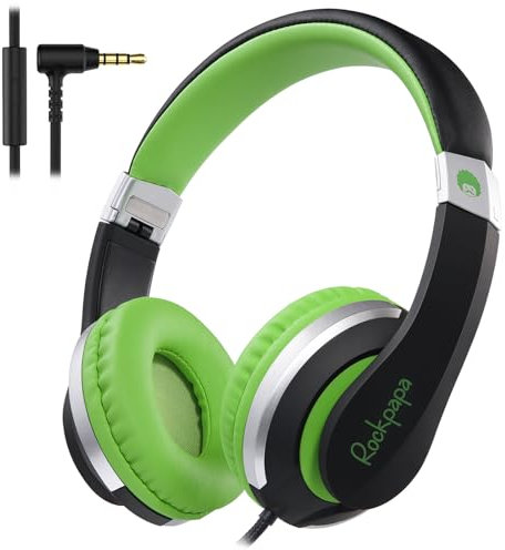 Rockpapa I20 Wired Headphones, Wired Headset On Ear Stereo Head phones with Microphone for Kids Children Adult, Adjustable Headband, Foldable Headphones for Travel/PC/Mac/Laptop/Phone (Black Green)