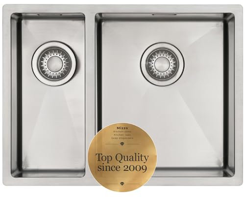 MIZZO Edelstahlspüle 18+34x40cm | Küchenwaschbecken 1.5 Becken | Spülbecken ab 60er Schrank | Einbauspüle Unterbauspüle | Außenmaß 590x444mm | Spüle mit runde Innenecken | Küchenspüle Edelstahl