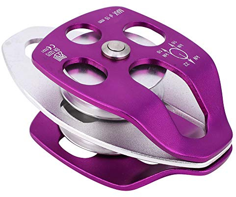 Klettern Seilrolle, EN 12278 Aviation Aluminium Klettern Seitenschwinge Doppelte Riemenscheibe Last bis zu 32KN Seilrolle für Outdoor Erkundung, Bergsteigen, Luftarbeit (Lila)