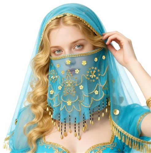 Baisdan Belly Dance Face Veil with Beads Sequins Cosplay Halloween Carnival Costume Accessory