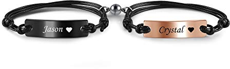 PiercingJak Personalisierte Partnerarmbänder Magnet Armband Gravur Namen Armbänder Geflochten Lederarmband mit Edelstahl Anhänger Freundschaft Liebe Geschenke für Paar Pärchen BFF Familie