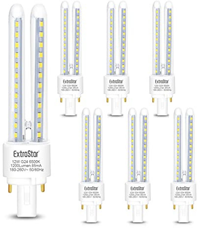 EXTRASTAR 2 Pines Bombillas LED PLC 2U, Tubo de 12W, Maiz G24, 1200Lm, Luz Fría 6500K, No regulable, Pack de 6