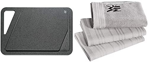 WMF Schneidebrett 45 x 30cm, rechteckig, Kunststoff, Tranchierbrett mit Saftrillen, praktischer Griff, spülmaschinengeeignet, klingenschonend & Küchenhandtuch-Set, 3-teilig, Handtuch, Geschirrhandtuch