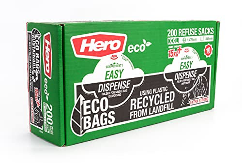 Hero Eco Extra Strong Bin Bags Liners 70l Recycled Easy Dispense Heavy Duty Refuse Sacks Pack of 200 - Household, Garden & Commercial