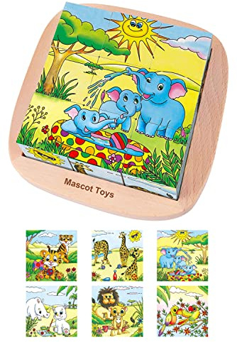 Mascot Toys Holzpuzzle mit Malbuch zum Ausmalen, Tiger Elefant Rynokeron Giraffe Papagei