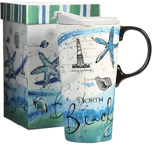 Topadorn Ceramic Coffee Mug Porcelain Coffee Cup with Lid and Color Box Travel Mug, 17oz. Starfish