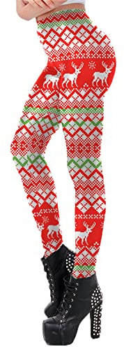 Femmes Gym Pilates Yoga Pantalons, Femme Christmas De Noël Rennes Snowflake Zig Zag Imprime Leggings Collants Taille haute 7/8 longueur Pantalon de Yoga Skinny Pantalon élévateur Running Fitness Colla