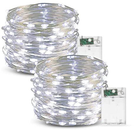 Luci a LED, 2 pezzi 10M / 33FT 100 luci a LED a batteria luci a LED Firefly, luci in filo di rame per decorazioni natalizie per feste di matrimonio in giardino interno, bianco freddo