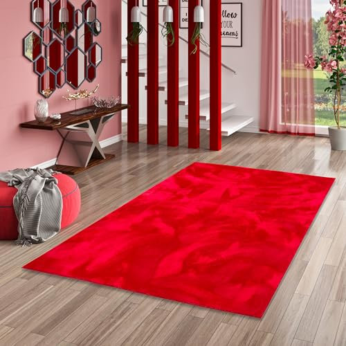 Kunstfaser Teppich Wohnzimmer Luxus Super Soft Fellteppich Pearl Rot in 5 Größen