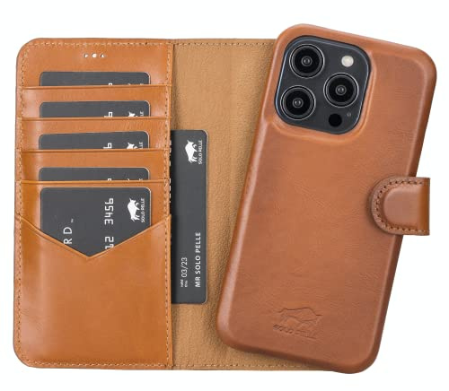 Solo Pelle Lederhülle kompatibel für iPhone 14 Pro in 6.1 Zoll abnehmbare Hülle (2in1) inkl. Kartenfächer für das original Apple iPhone 14 Pro (Vollleder Cognac Braun)
