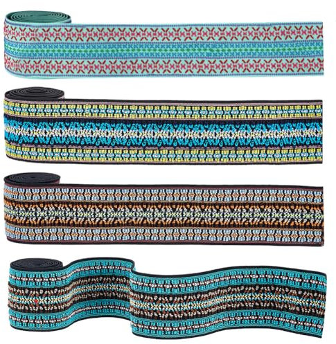 PandaHall 2 Zoll/5cm Jacquard Elastische Band, 3.6m Ethnische Blumen Trimmen Bestickt Gewebtes Band Boho Stoff Nähen Band Fransen Dekor Trimmen für DIY Kleidung Vorhang Verschönerung Dekoration