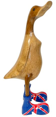 My Family House Hand Carved British Flag Duck Ornament with Welly Boots Fair Trade Novelty Bamboo Root Sculpture Home Decor Indoor Painted Ducks