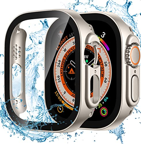 Dirrelo 2 Piezas Funda Compatible con Apple Watch Ultra/Ultra 2 49mm con Protector de Pantalla de Cristal Templado, Impermeable Recto Borde PC Duro de Alta Sensibilidad para iWatch,2Claro