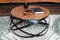 SAM Couchtisch Allison, Akazienholz massiv + nussbaumfarben, runder Sofatisch mit schwarzem Metallgestell, Industrial-Design, 60x60x30 cm