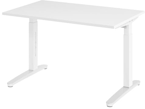 bümö manuell höhenverstellbarer Schreibtisch 120x80 in weiß, Gestell in weiß/alu - PC Tisch höhenverstellbar & klein, höhenverstellbarer Tisch Büro, Kleiner Computertisch verstellbar