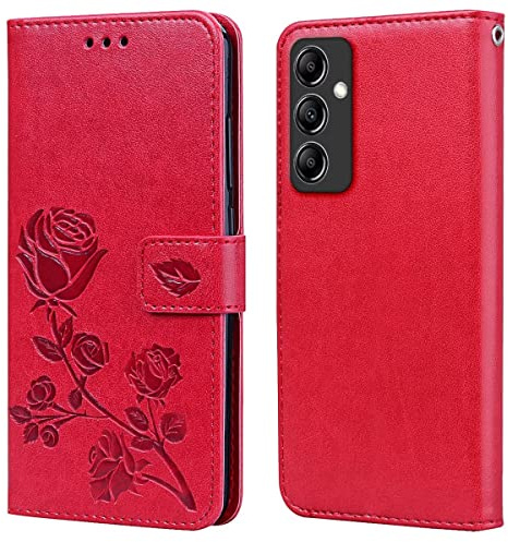 RankOne Étui Portefeuille en Cuir pour Samsung Galaxy A14 5G / A14 (4G) (6.6 inches), avec Porte-Cartes Rose Pattern Design Cover Coque Housse Case - Rouge