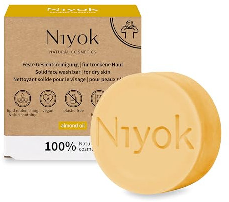 Niyok® Feste Gesichtsreinigung Mandelöl (80g) • Gesichtsseife für trockene Haut • Gesichtspflege ohne Austrocknen • Gesicht Seife vegan • Bio Naturkosmetik • Naturseifen plastikfrei