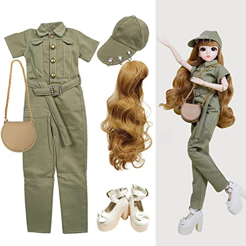Proudoll 1/3 BJD Puppe Kleidung Outfit Set Handcrafted Stilvolle Armee Grün Overall, Kappe, Perücke, Ledertasche und High Heel, Kompatibel mit 1/3 60cm 24in SD Puppen