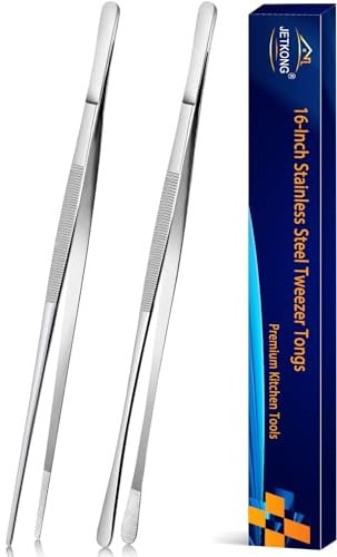 JETKONG 2 Pcs 16'' Tweezer Tongs, Extra Large Food Tweezers, Extra Long Kitchen Tweezers for Cooking Repairing and BBQ (16-Inch, Silver)