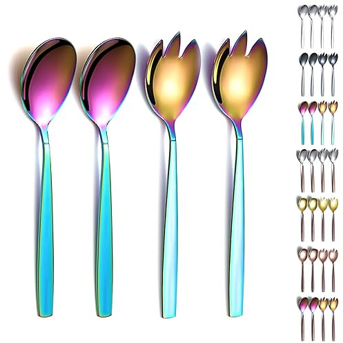 Evanda Cubiertos para servir ensalada Arco iris, Set de Servidor de Ensalada de Acero Inoxidable Titanizado Arco iris, Cuchara de Ensalada, Servidor de Ensalada, Tenedor de Ensalada, Pack de 4
