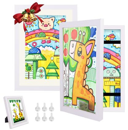 Hipsignal Kinder Bilderrahmen, 2 Stück A4 Befüllba Bilderrahmen für Kinder mit Frontöffnung und Halterung zum Aufhängen oder Aufstellen von Kinderzeichnungen, Kunstprojekten (Weiß)