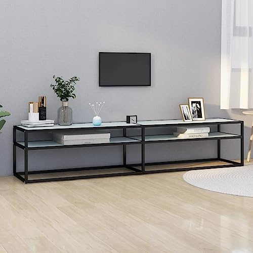 Meuble TV suspendu - Blanc - Aspect marbre - 200 x 40 x 40,5 cm - Verre trempé