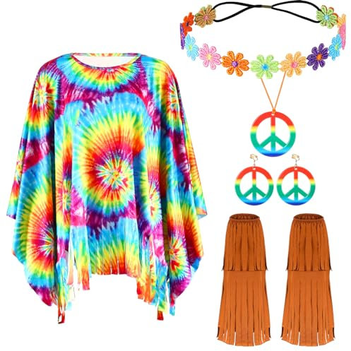 Hestya 5 Stück Mardi Gras 60er 70er Hippie Kostüm Accessoires Damen Umhang Stiefelüberzüge Stirnband Ohrringe Halskette (M)