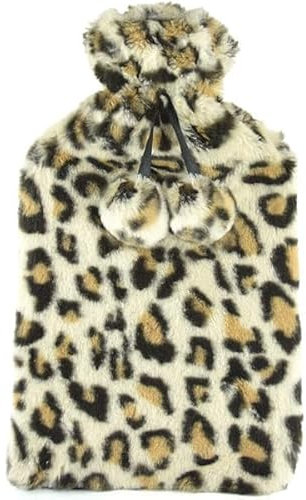 Hot Water Bottle Fluffy Soft Fleece Winter Cozy Bed Warmer Pink Love Hearts and Leopard Print (Leopard Print)
