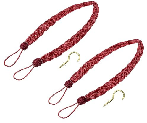 QUARKZMAN 2 Piezas de Abrazaderas para Cortinas, 58cm/23 Cordón Decorativo para Sujetar Cortinas con 2 Ganchos de Metal, Rojo