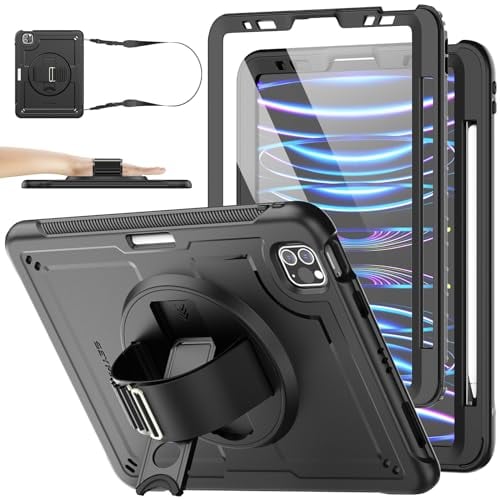 SEYMAC stock Coque pour iPad Pro 11 & Air 5eme/4eme Generation, Coque de Protection Robuste avec Protecteur D'écran, Porte-Crayon, Béquille Rotative/Dragonne, Bandoulière, Noir
