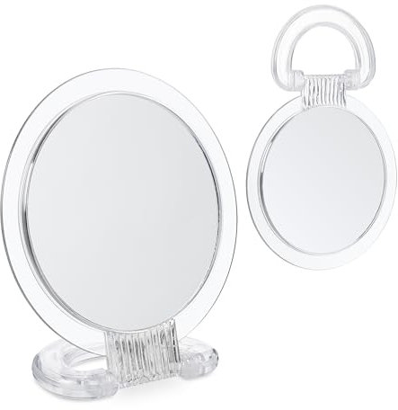 Relaxdays Spiegel Klappgriff, 2er Set, doppelseitiger Handspiegel, 2-Fach Vergrößerung, halten & aufstellen, transparent