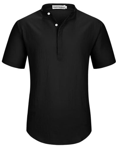 YAOHUOLE Mens Linen Shirts Grandad Shirts for Men Summer Short Sleeve Shirt Beach Henley T-Shirt Black XL