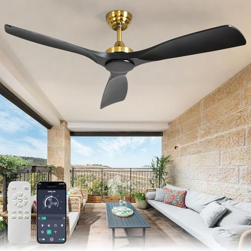 Depuley Ceiling Fan Without Light: 52 Inch Outdoor Fan with Remote App Control for Patio Porch - Black Gold Ceiling Fan no Light for Indoor - 3 Blade Fan Reversible 6 Speed Quiet