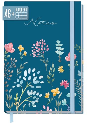 paper&you® Notizbuch kariert A6+ mit Gummiband Happy Flower mit 156 Seiten, 78 Blatt - Notizheft, Bullet Journal, Tagebuch - nachhaltig & klimafreundlich