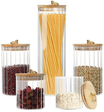 Bocaux en Verre avec Couvercles,Bocaux Rangement Cuisine de 4.36 Litres,Bocal en Verre Hermétique Rayé,lot de 5 Grands Pot en Verre de Cuisine pour Spaghetti,Distributeurs de Céréales,Bocaux Epices