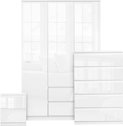 Blisswood High Gloss Bedroom Furniture Set 3 Piece Bedroom Set With High Gloss 3 Door Wardrobe & 5 Drawer Chest of Drawer + 2 Drawer Bedside Table Cabinet for Bedroom Storage Furniture Set (White)