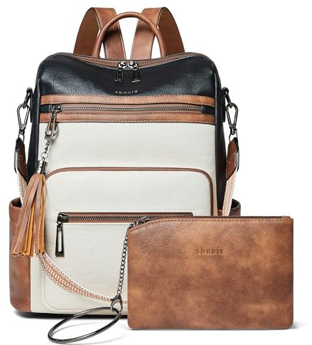 Shrrie Rucksack Damen,Cityrucksack Reiserucksack,PU Lederrucksack Handtasche Rucksack Damen Wasserdicht mit Geldbörse für Freizeit,Büro,Pendeln,Arbeit,Daypack-Schwarz mit Braun und Weiß