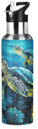 Linnyio Aquarelle Tortue De Mer Bleue Gourde Sport Étanche,Sans BPA,Bouteille D'Eau Isolée Thermos Sport Tasse À Vide en Acier Inoxydable,1000ml/600ml